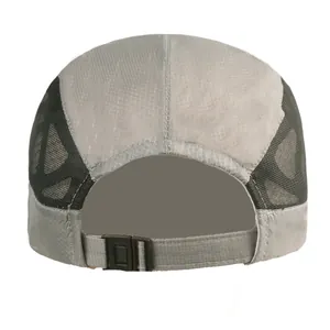 Detail view of adjustable buckle and breathable mesh panels on a gray quick-dry baseball cap