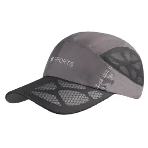 Detail of grey mesh panel on breathable sports baseball cap with white sports logo