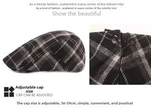 Detail of adjustable plaid wool flat cap with metal side buttons for 56-59cm head size