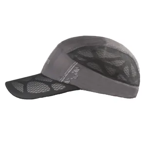 Detail of dark gray mesh paneling and sports graphics on a breathable baseball cap