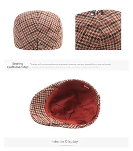 Detail of professional stitching and houndstooth tweed texture on a retro newsboy hat