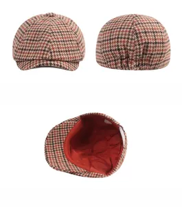 Classic red plaid beret details showing stitching, inner lining, and elastic band
