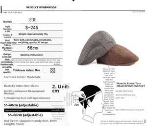 Detailed size chart for herringbone beret showing adjustable 55-60cm circumference