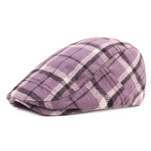 Thick wool blend plaid beret hat for winter with classic purple and black checkered pattern