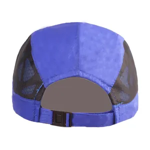 Rear view of a blue and black mesh baseball cap with adjustable buckle closure