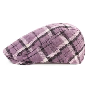 Detailed side view of purple plaid newsboy cap with premium wool blend texture
