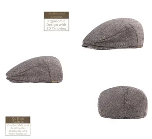 Detail of herringbone pattern texture and 3D ergonomic cut on breathable cotton flat cap