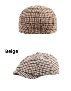 Detail view of beige houndstooth newsboy cap with vintage wool texture in back and side angles