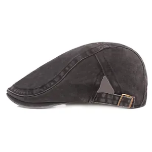 Vintage washed denim flat cap in charcoal grey with adjustable metal strap buckle
