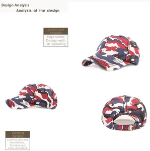 Detail view of red blue white camo baseball cap with 3D cut and metal strap buckle