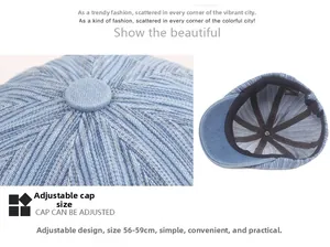 Detail of blue striped flat cap featuring inner sweatband and adjustable buckle