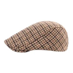 Classic brown houndstooth flat cap in vintage wool style for men and women