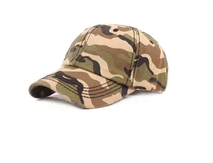 Close-up of camo baseball cap showing reinforced stitching on the brim and cotton texture