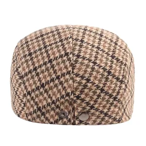 Vintage striped tweed flat cap with houndstooth pattern and adjustable metal buckle