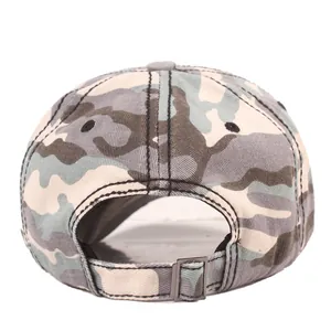 Detailed back view of camo baseball cap with adjustable metal buckle and twill fabric