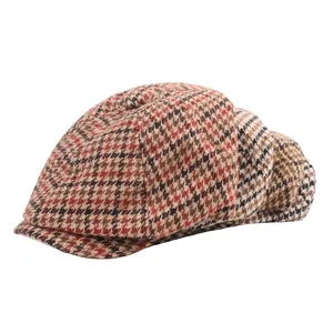 Classic houndstooth beret hat in earth tones with vintage wool blend newsboy cap style