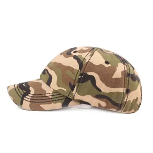 Side view of a jungle camouflage baseball cap with six-panel structure and curved brim