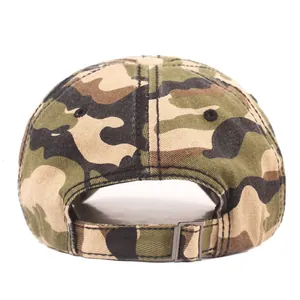 Detail view of the camouflage baseball cap back with adjustable metal buckle strap