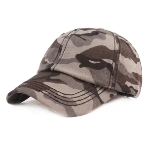 Close-up of camouflage baseball cap with reinforced stitching on the wide brim