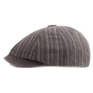 Side view of dark gray striped newsboy cap with classic eight-panel crown and short brim