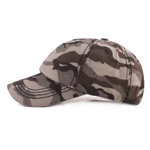 Detailed view of camouflage baseball cap with reinforced stitching and breathable eyelets