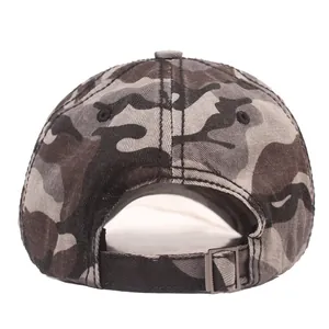 Rear view of camouflage baseball cap showing metal adjustable buckle and fabric texture