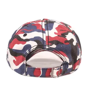 Rear view of camouflage baseball cap showing adjustable strap with metal buckle closure