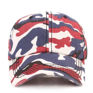 Classic camo baseball cap with red, blue and white camouflage print for outdoor sports
