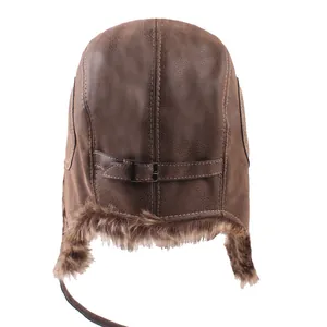 Cappello da aviatore in pelle marrone con fodera in pelliccia e cinturino regolabile