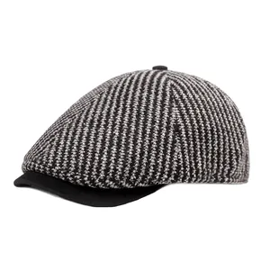 Béret en Tricot Rétro Britannique Pour Hommes Femmes Vintage Casquette Newsboy Rayée Automne Hiver Chaud Casquette Plate Mélange de Coton
