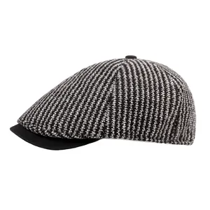 Béret rétro en tricot à rayures pour hommes et femmes avec visière noire pour l'hiver