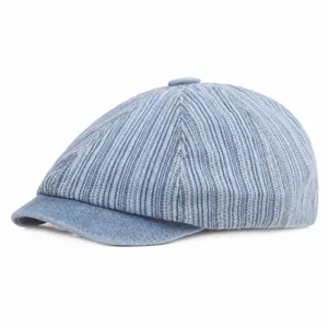 Retro Striped Denim Newsboy Cap Men Women Cotton British Baker Boy Hat Adjustable Casual Flat Cap Autumn Winter Sunshade Hat