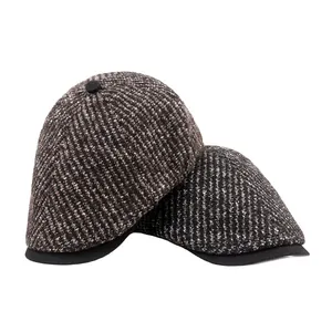 Béret tricoté vintage marron avec texture tweed et visière noire pour l'automne-hiver