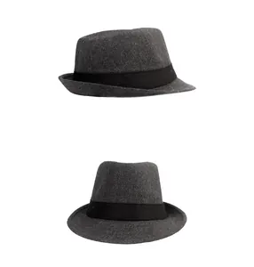 Detailed views of dark grey fedora hat with black band, showing side and front angles