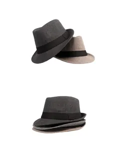 Detail of wool felt fedora hats in dark grey and light brown with black ribbon bands