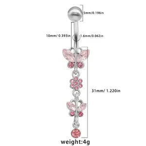 Gedetailleerde maattabel van vlinder navelpiercing met roze strass steentjes in zilver