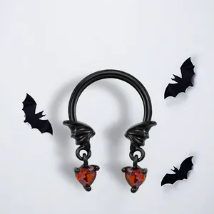 Gothic black bat septum ring with red heart zircon crystals for Halloween jewelry styles