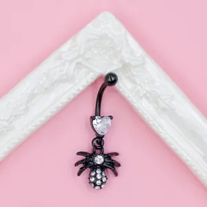 Gothic bat and heart zircon belly ring with black spider pendant and white crystals
