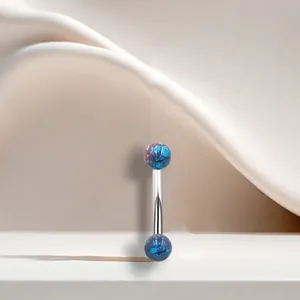 Macro detail of stainless steel curved barbell with purple and blue nebula pattern balls