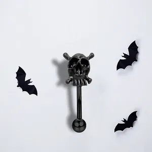Gothic black skull eyebrow ring piercing with bat silhouette design for Halloween
