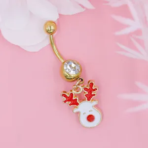 Piercing ombligo reno de Navidad en metal dorado con colgante de esmalte rojo