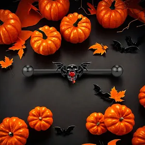 Barbelé industriel avec crâne de chauve-souris noir et gemme cœur rouge pour Halloween