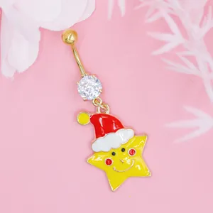 Piercing de ombligo de titanio dorado con circón y colgante de estrella navideña rosa