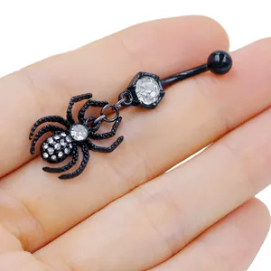 Vintage punk black spider belly ring with rhinestones in high-quality titanium alloy