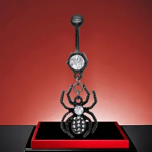 Detailed view of a gothic spider belly ring with black metal and clear zircon stones