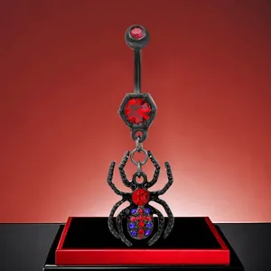 Gothic spider belly button ring with red and blue rhinestones on black plated metal