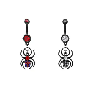 Retro punk titanium spider navel rings in black plating with red and white crystals