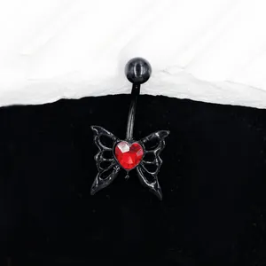 Piercing de nombril gothique avec ailes de papillon noires et zircon en cœur rouge