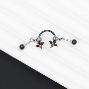 Gothik Fledermaus Hufeisenring mit orangefarbenem Edelstein in dunklem Gunmetal