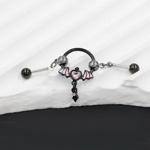 Gothic black stainless steel nipple ring with pink heart zircon and bat wings